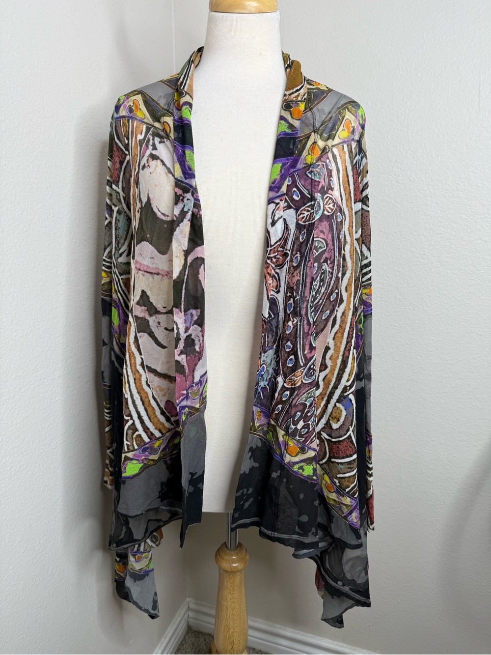Fuzzy Mesh Abstract Open Front Cardigan M/L